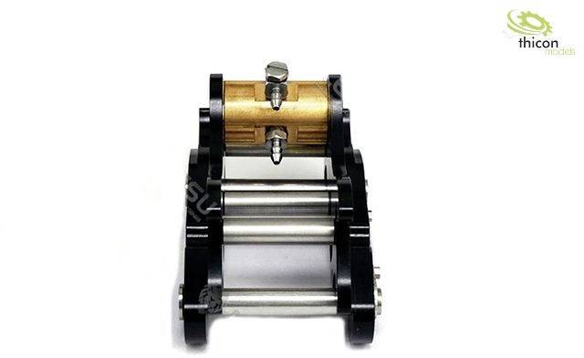 Model miniaturowego metalowego koparko-ładowarki z ruchomymi elementami, odpowiedni do projektów modelarskich lub zabawek.