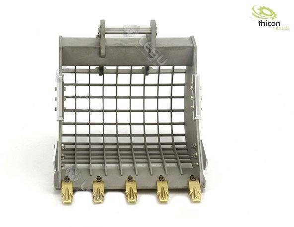 Model metalowej siatki łyżki koparki z pięcioma złotymi zębami na dole. W tle logo 'Thicon models'.