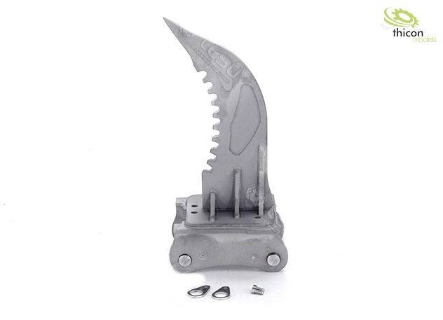 Szare metalowe akcesorium z ząbkowaną krawędzią i małymi elementami metalowymi umieszczonymi poniżej, przedstawione na białym tle. Logo 'thicon'.