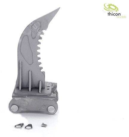Srebrzysto-metalowy element modelu z zębiasto wyglądającym ostrzem i małymi elementami mocującymi poniżej, obok którego znajduje się logo 'thicon models'.