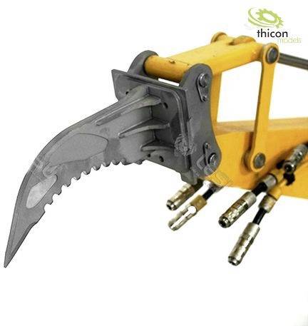 Żółte narzędzie maszynowe z ząbkowanym, metalowym ramieniem chwytającym. Odpowiednie do modelarstwa lub zastosowań technicznych.