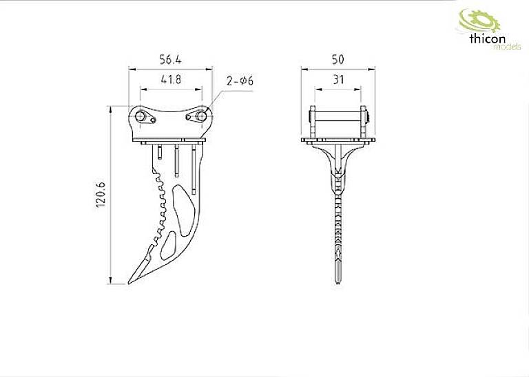 Rysunek techniczny chwytaka krokodylowego z wymiarami. Po lewej: widok boczny zębów chwytaka, po prawej: widok z przodu. W prawym górnym rogu logo 'thicon models'.