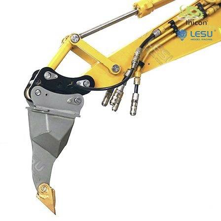 Żółty hydrauliczny element ramienia koparki z przewodami hydraulicznymi i złączkami, z logo firm 'LESU' i 'Jihocon' w górnym rogu.