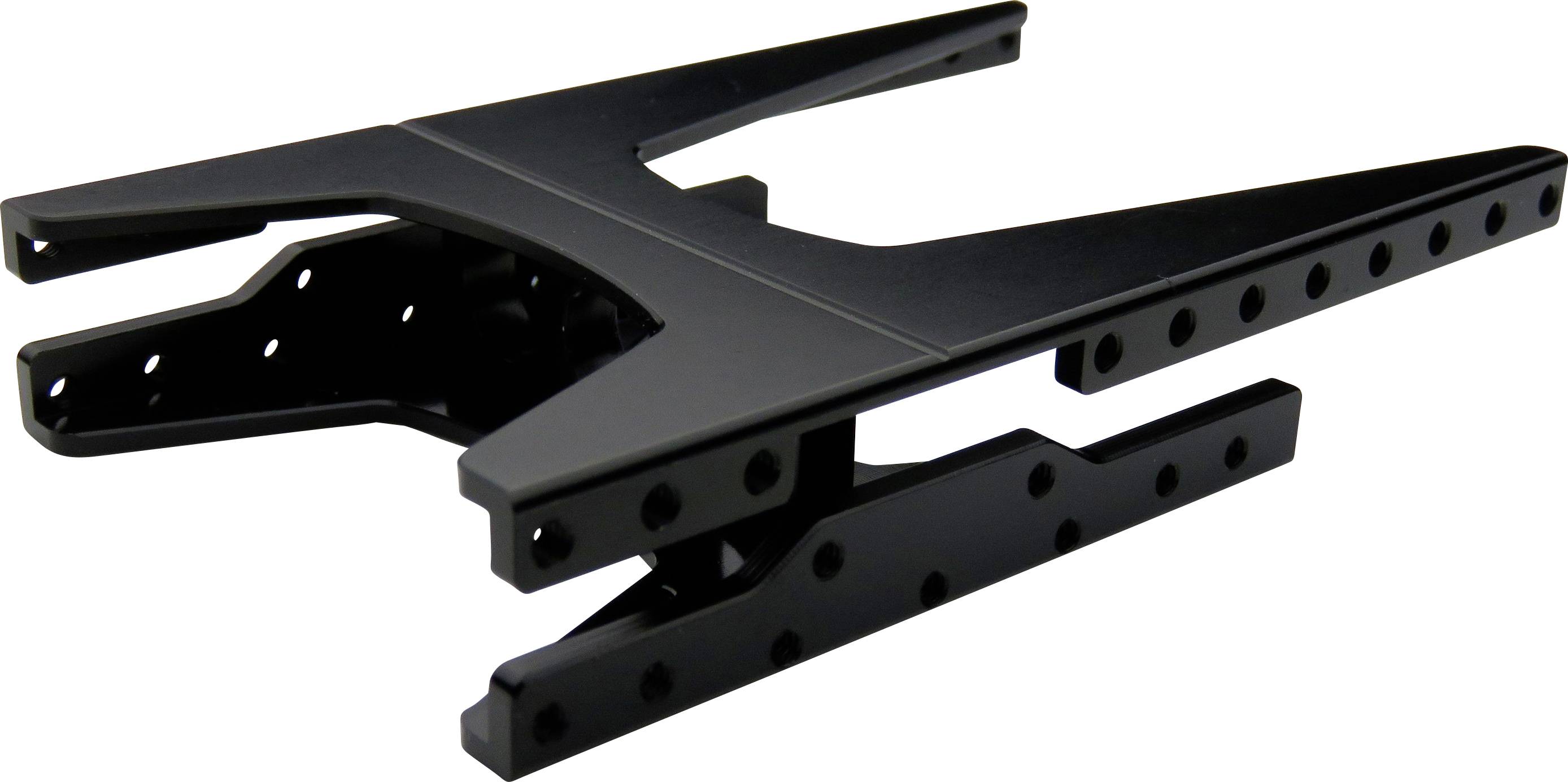 Czarny, metalowy element z otworami, prawdopodobnie urządzenie techniczne lub uchwyt w kształcie litery U.