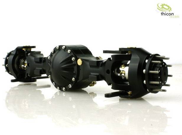 Model napędu osi, w kolorze czarnym, z widocznymi szczegółami mechanicznymi i kołami, umieszczony po lewej i prawej stronie. Logo 'thicon models' w górnym prawym rogu.