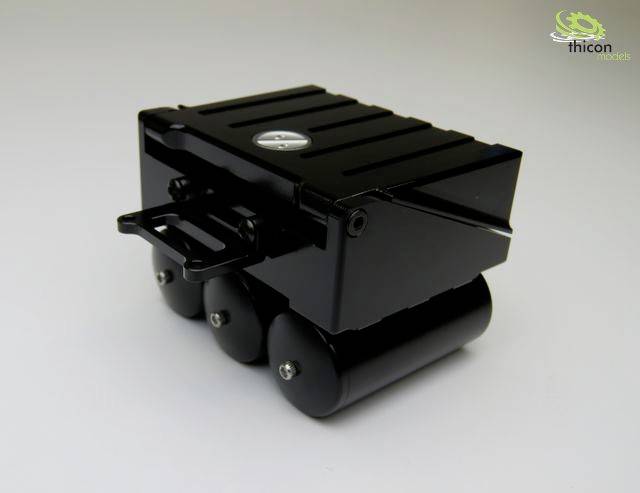 Czarny model komponentu robotycznego z ukształtowaną obudową i trzema cylindrycznymi kołami, oznaczony napisem 'thicon models'.