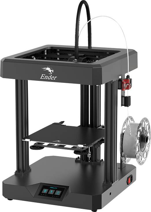 Drukarka 3D z rolką filamentu, gotowa do druku. Urządzenie posiada otwartą, sześcienną konstrukcję i cyfrowy panel sterowania z przodu.