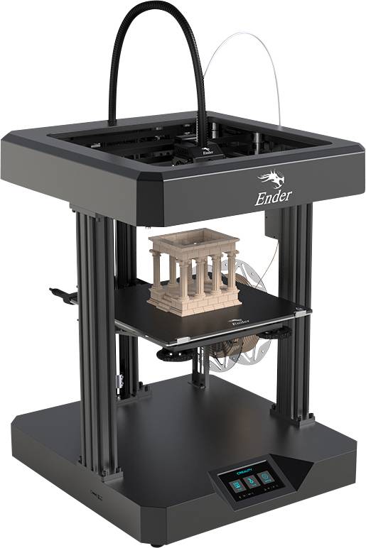 Drukarka 3D drukuje mały model architektoniczny antycznej świątyni.