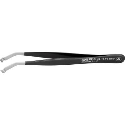 Pęseta ze stali nierdzewnej z wąskimi, zakrzywionymi końcówkami, czarny uchwyt, z napisem 'KNIPEX 92 16 02 ESD Stainless Steel'.