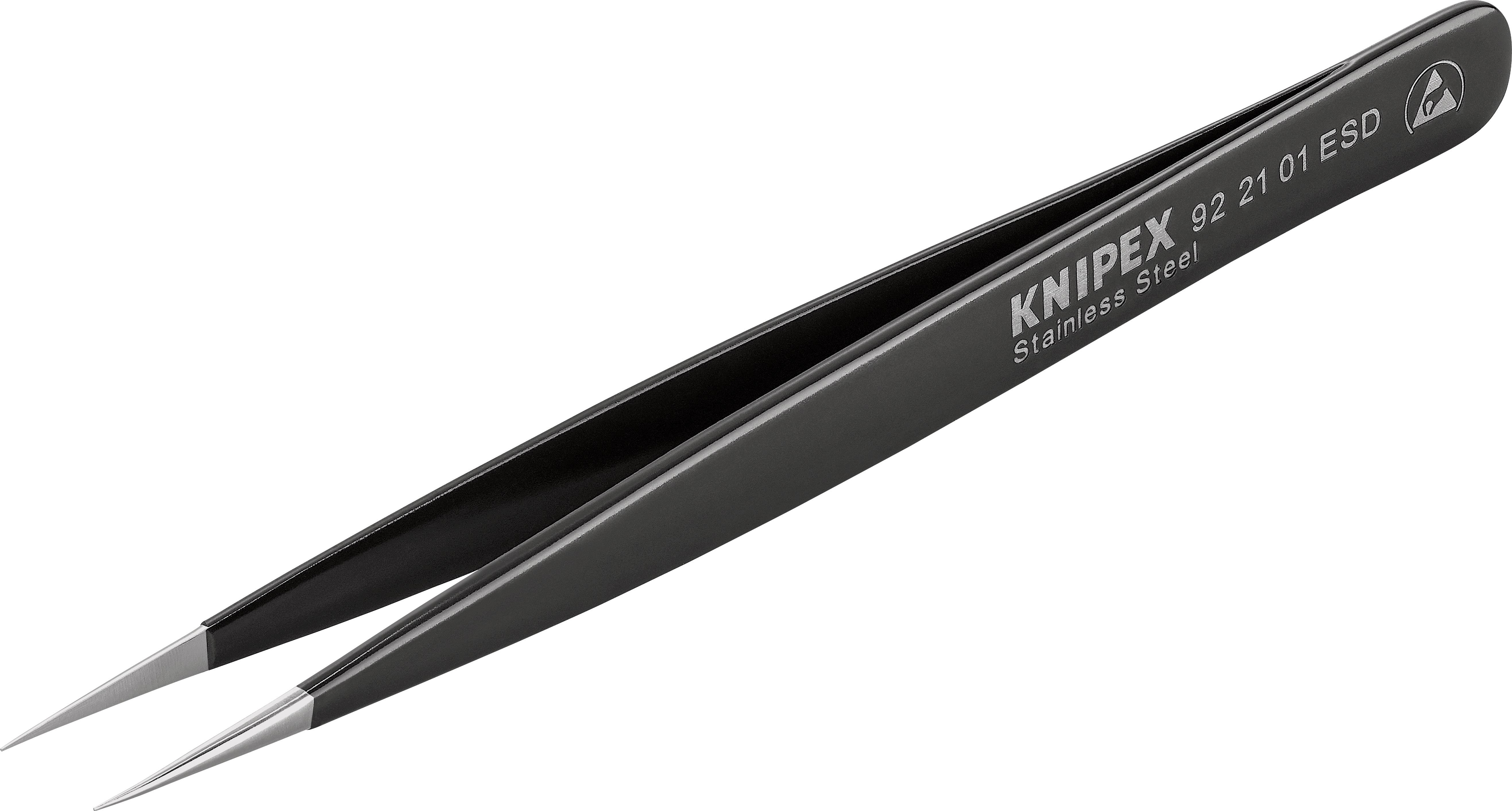 Czarna pęseta o cienkiej końcówce, z napisem 'KNIPEX Stainless Steel 92 21 01 ESD', odpowiednia do precyzyjnych prac elektronicznych.