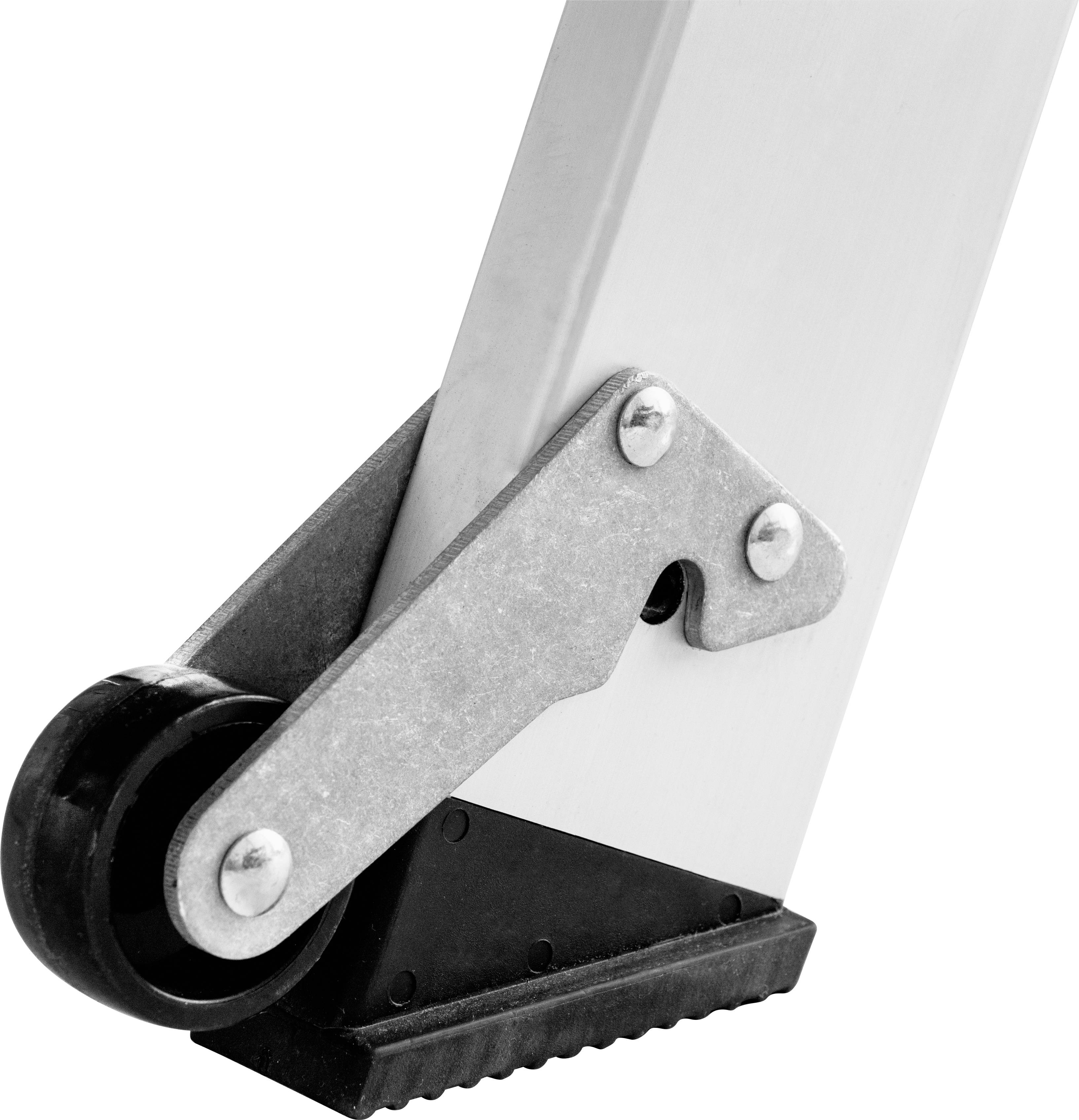 Metalowe koło z hamulcem i gumową stopką zamocowane na aluminiowej ramie, typowo stanowiące element składanego lub przenośnego urządzenia.