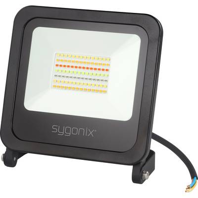 Reflektor LED o prostokątnej, czarnej obudowie z białymi i kolorowymi elementami świecącymi na przedniej stronie.