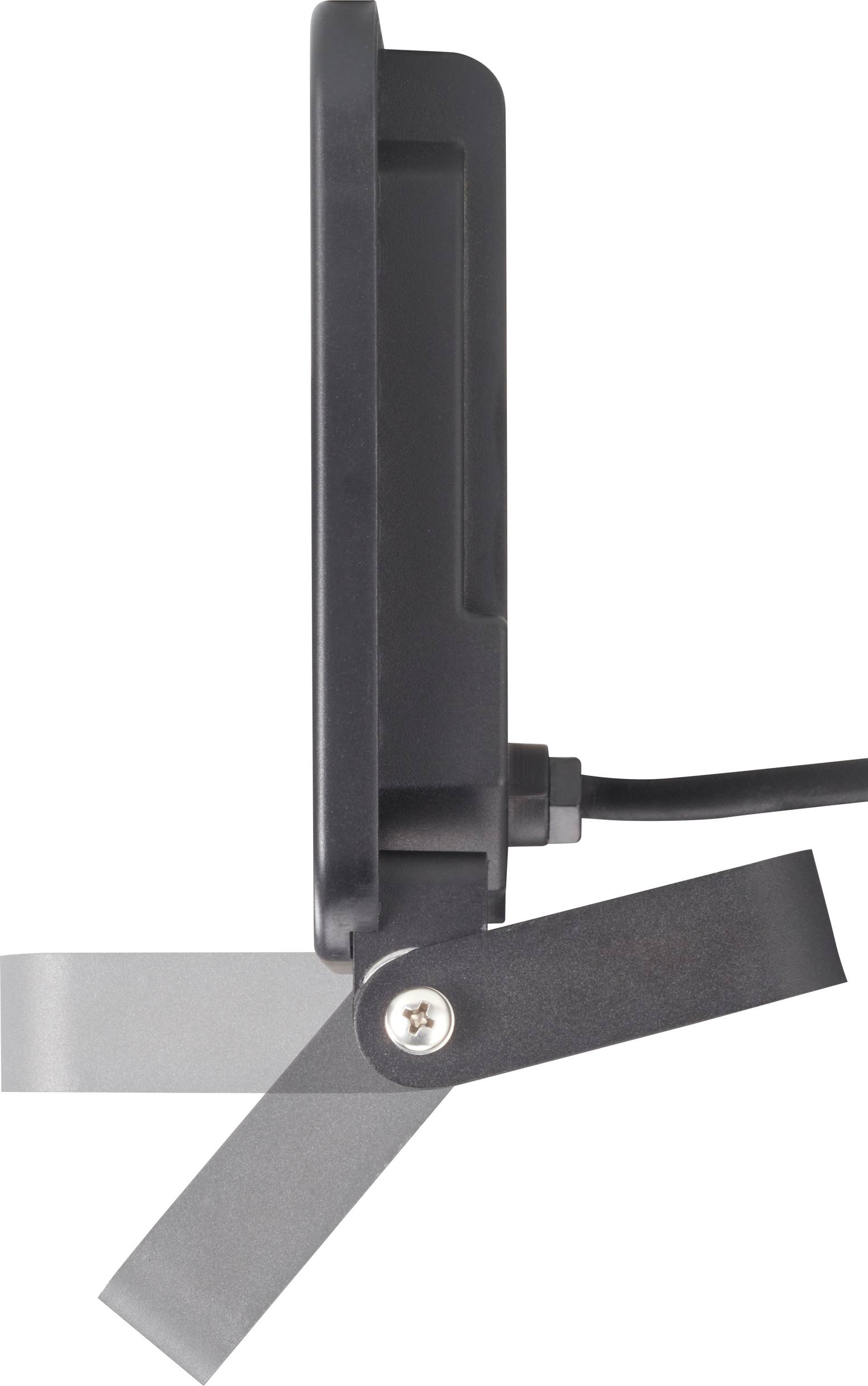 Widok z boku czarnego urządzenia z podłączonym przewodem, zamocowanym w uchwycie za pomocą śruby dla zachowania stabilności.