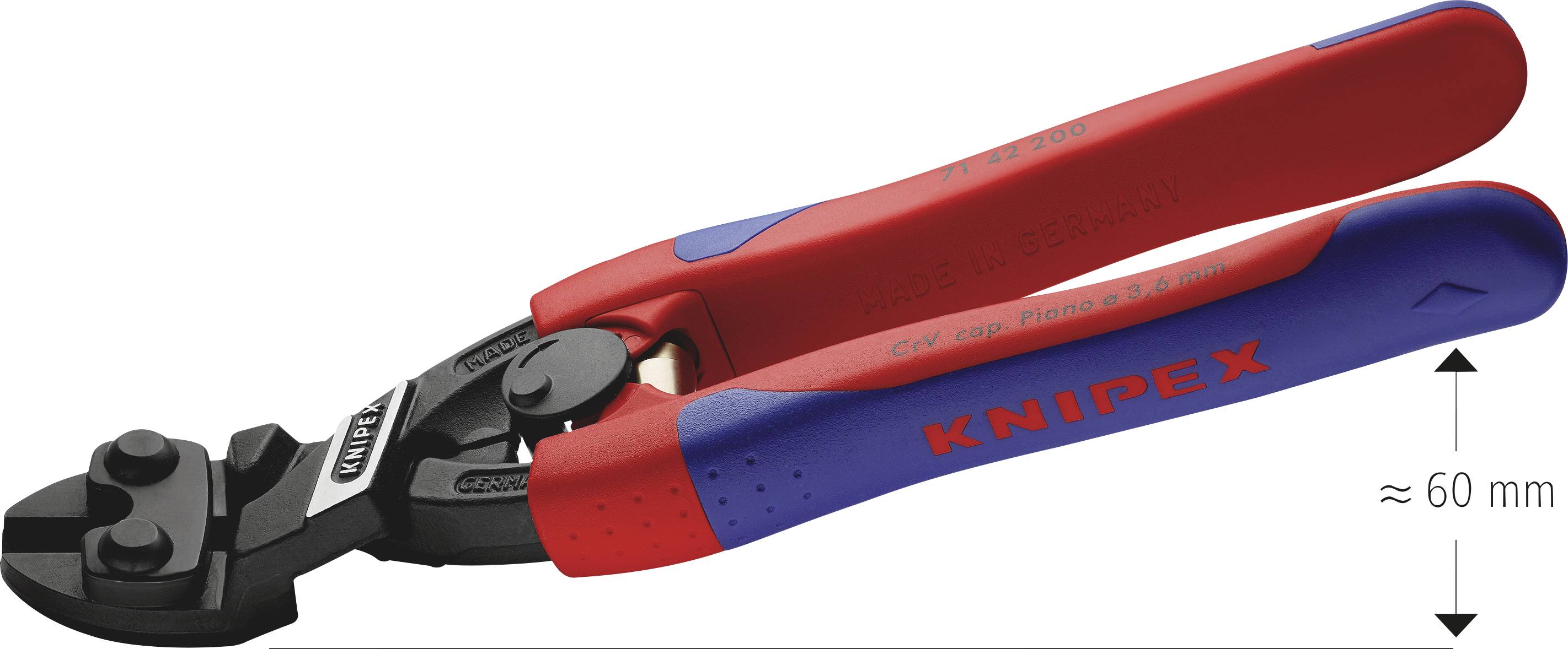 Czerwono-niebieskie szczypce tnące marki Knipex, długości około 60 mm.