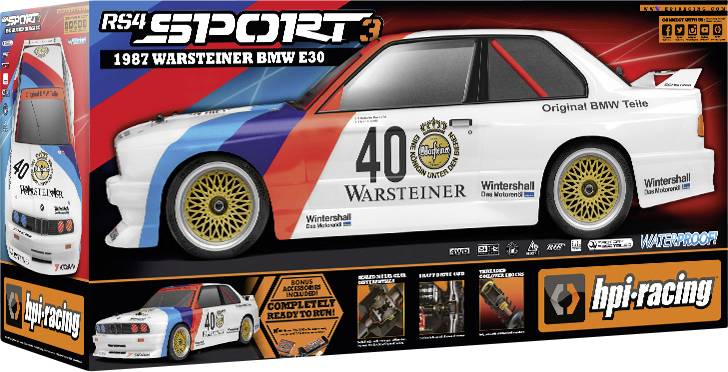 'Modelik samochodu BMW E30 z 1987 roku w wersji Warsteiner od hpi racing. Biały z logo M i numerem 40. W oryginalnym opakowaniu.'