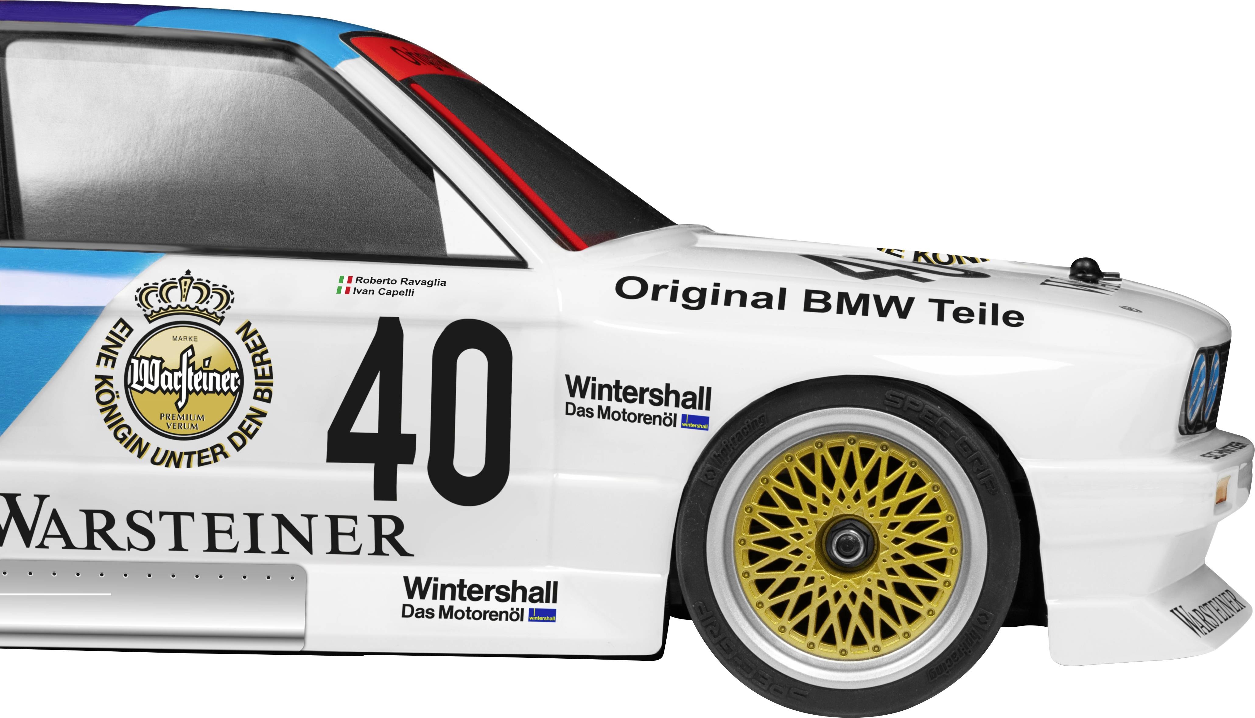 Model samochodu wyścigowego z napisem 'Warsteiner' i 'Oryginalne części BMW', numer 40. Widoczne sportowe felgi i wyścigowe malowanie nadwozia.