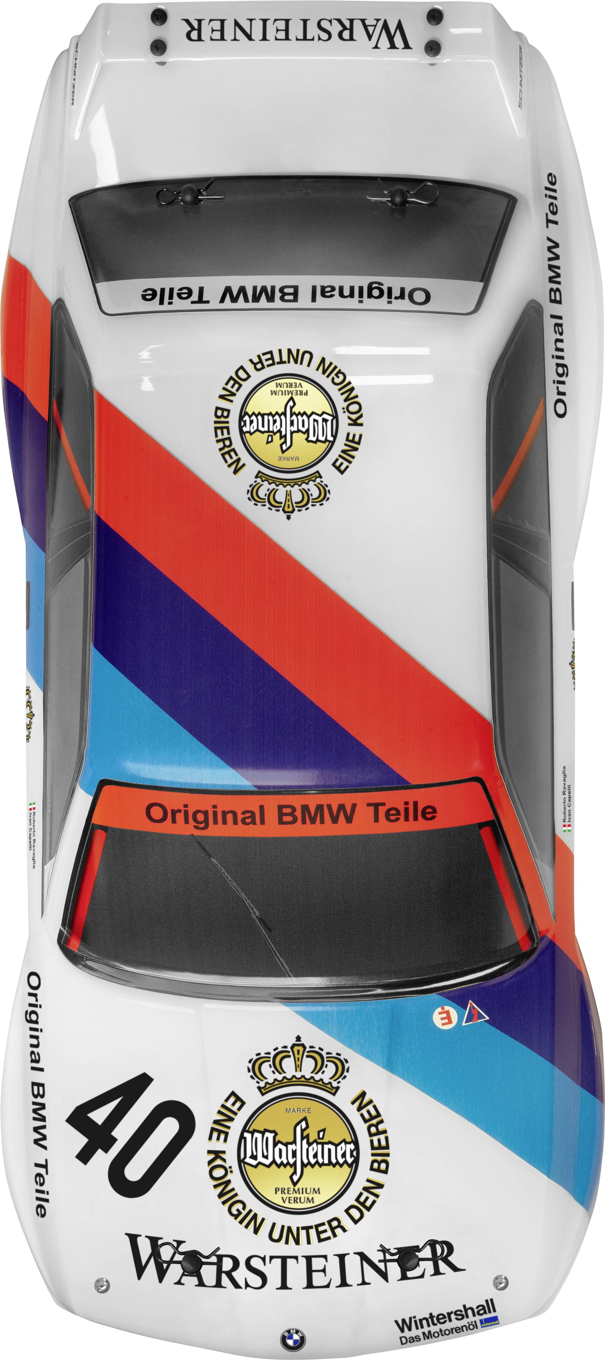 Zdalnie sterowane auto o designie BMW, oznaczone numerem '40'. Ozdobione paskami w kolorach niebieskim, fioletowym, czerwonym oraz logo Warsteiner i BMW.