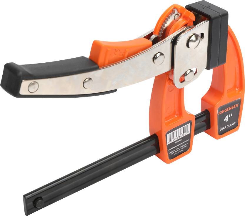 Pomarańczowa ścisk śrubowa z czarnym uchwytem i dźwignią, odpowiednia do zacisku materiałów w zakresie 4 cali.