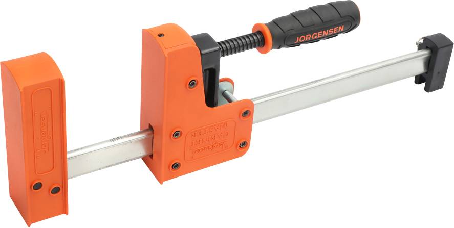 Pomarańczowa imadło zaciskowe Jorgensena z czarną rękojeścią i srebrną stalową belką. Idealne do mocowania elementów obrabianych.
