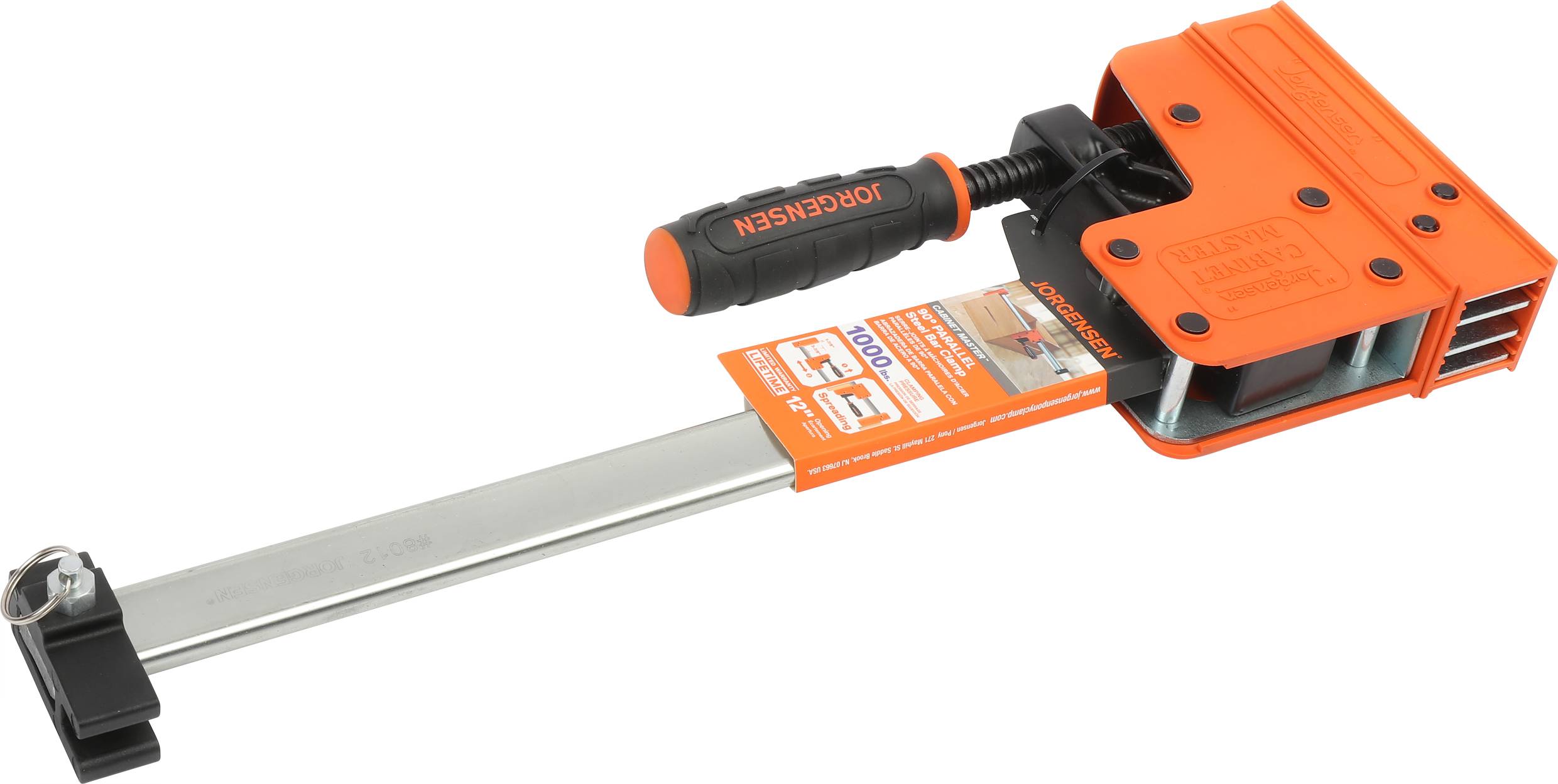 Pomarańczowa ścisk z uchwytem i zaciskiem. Nadaje się do mocowania materiałów podczas majsterkowania lub prac rzemieślniczych. Nazwa marki na uchwycie.