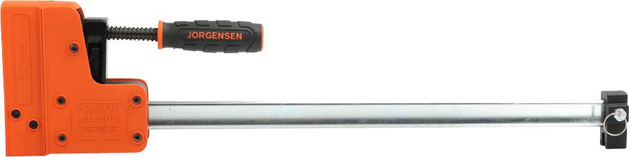 Ścisk ślusarski z pomarańczowym, prostokątnym uchwytem i długim metalowym prętem, przydatny do prac stolarskich. Logo marki 'JORGENSEN' na uchwycie.