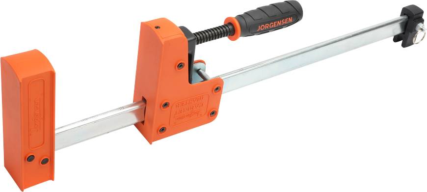 Pomarańczowa ścisk śrubowa Bessey z czarną rączką, przeznaczona do pewnego mocowania materiałów podczas prac stolarskich.