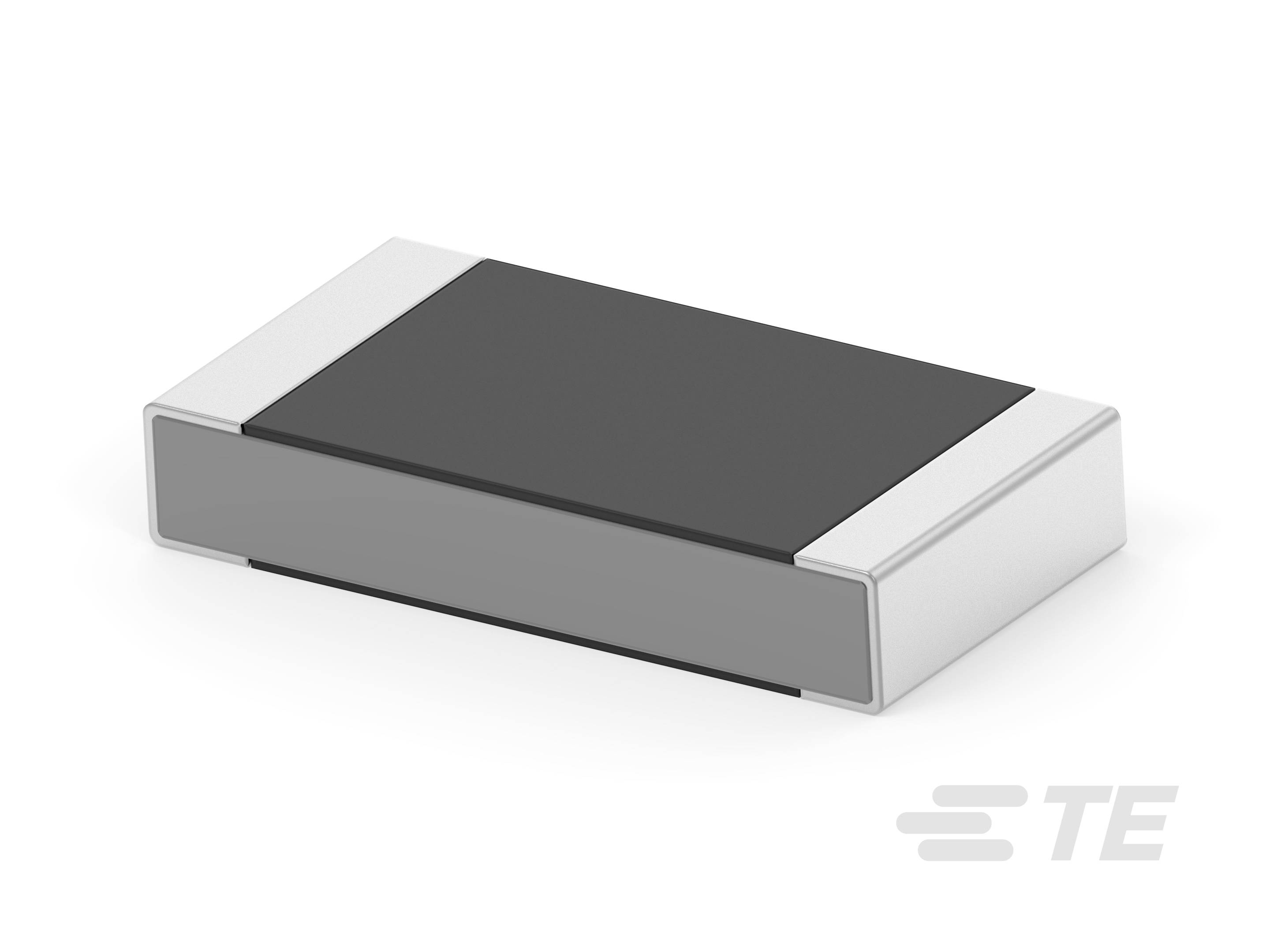 Prostokątny element elektroniczny z szarą górną powierzchnią i białymi końcówkami. Logo 'TE' (w dolnym prawym rogu) prawdopodobnie oznaczenie producenta.