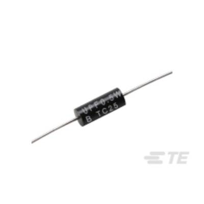 Cylindryczny elektroniczny rezystor z napisem 'U-FO 5W B TC25' i dwoma przewodami przyłączeniowymi po bokach.