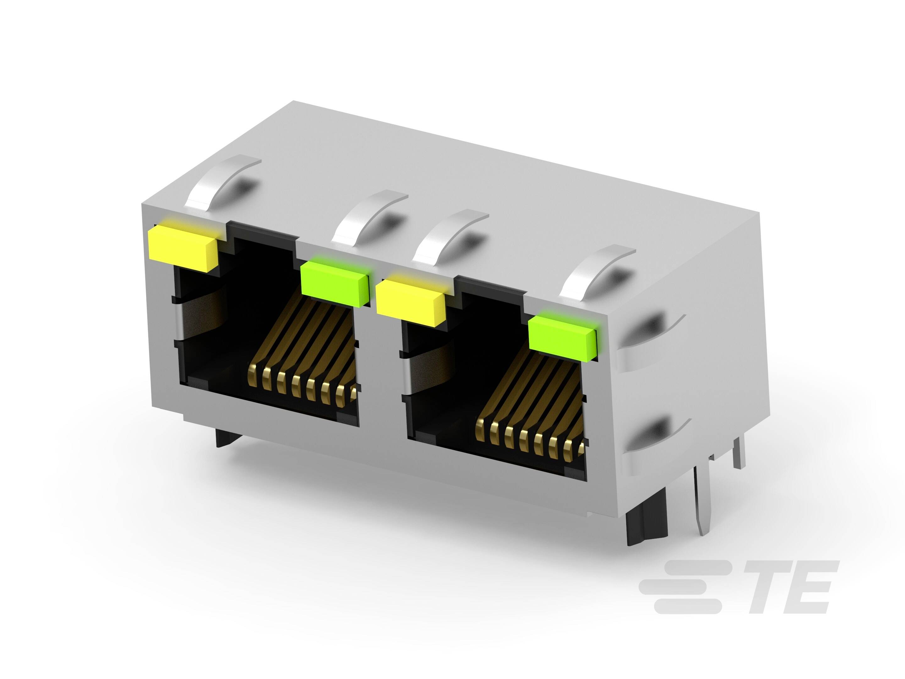 Podwójne złącze sieciowe RJ45 z ośmioma złoconymi stykami, zielono-żółtymi diodami LED i obudową z szaworgo tworzywa sztucznego.