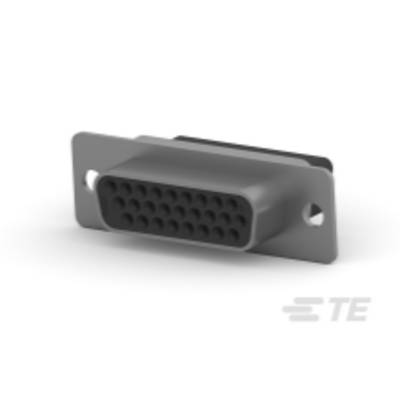 Metalowy wtyk D-Sub z wieloma rzędami otworów do połączeń elektrycznych, zamontowany na płaskiej płytce.