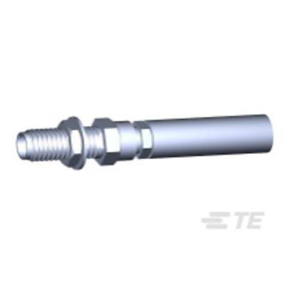Metalowy sworzeń gwintowany z nakrętkami sześciokątnymi, prawdopodobnie element większego mechanizmu lub konstrukcji.
