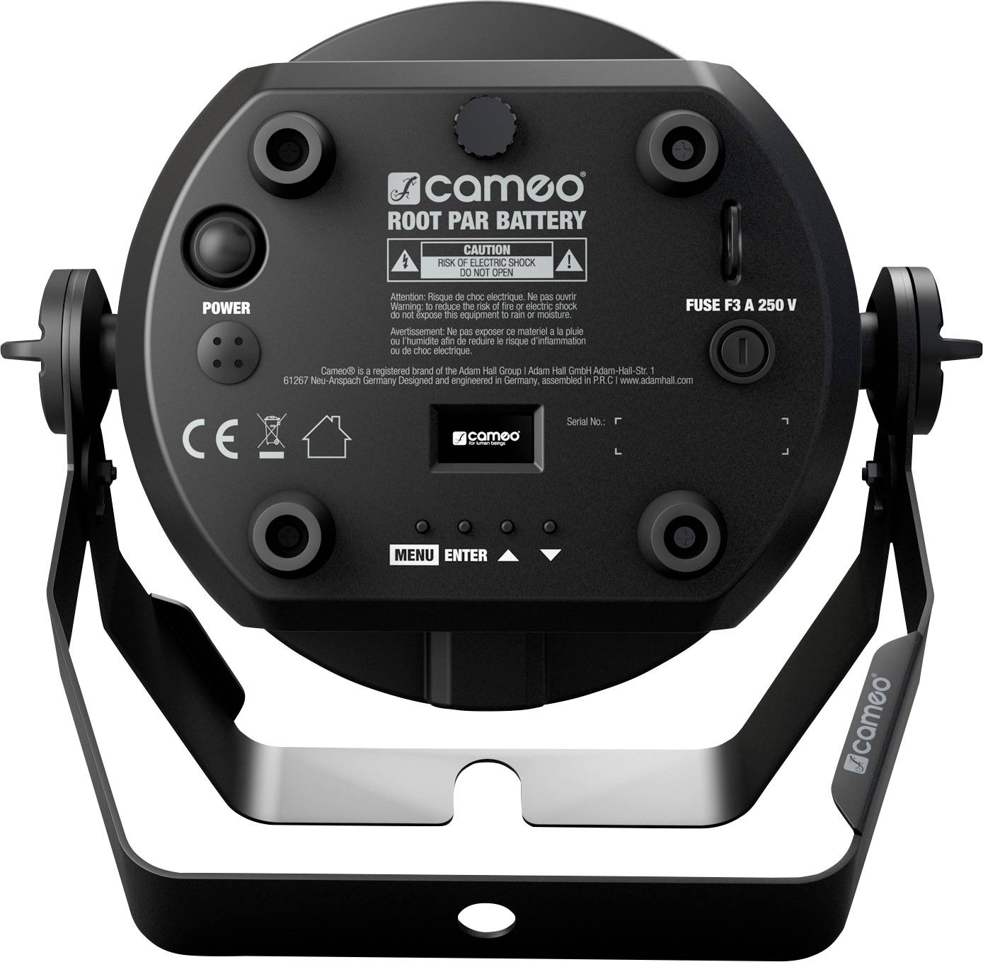 Widok z tyłu reflektora LED na scenę z elementami sterującymi i szczegółami technicznymi. Widoczne wskazówki i symbole dotyczące bezpiecznej obsługi.