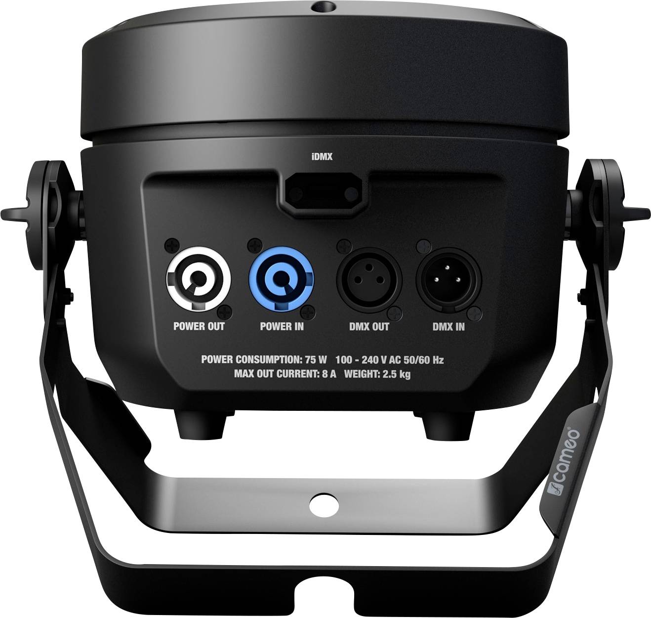 Czarny reflektor LED z wieloma złączami zasilania i sterowania DMX. Logo marki po prawej stronie.