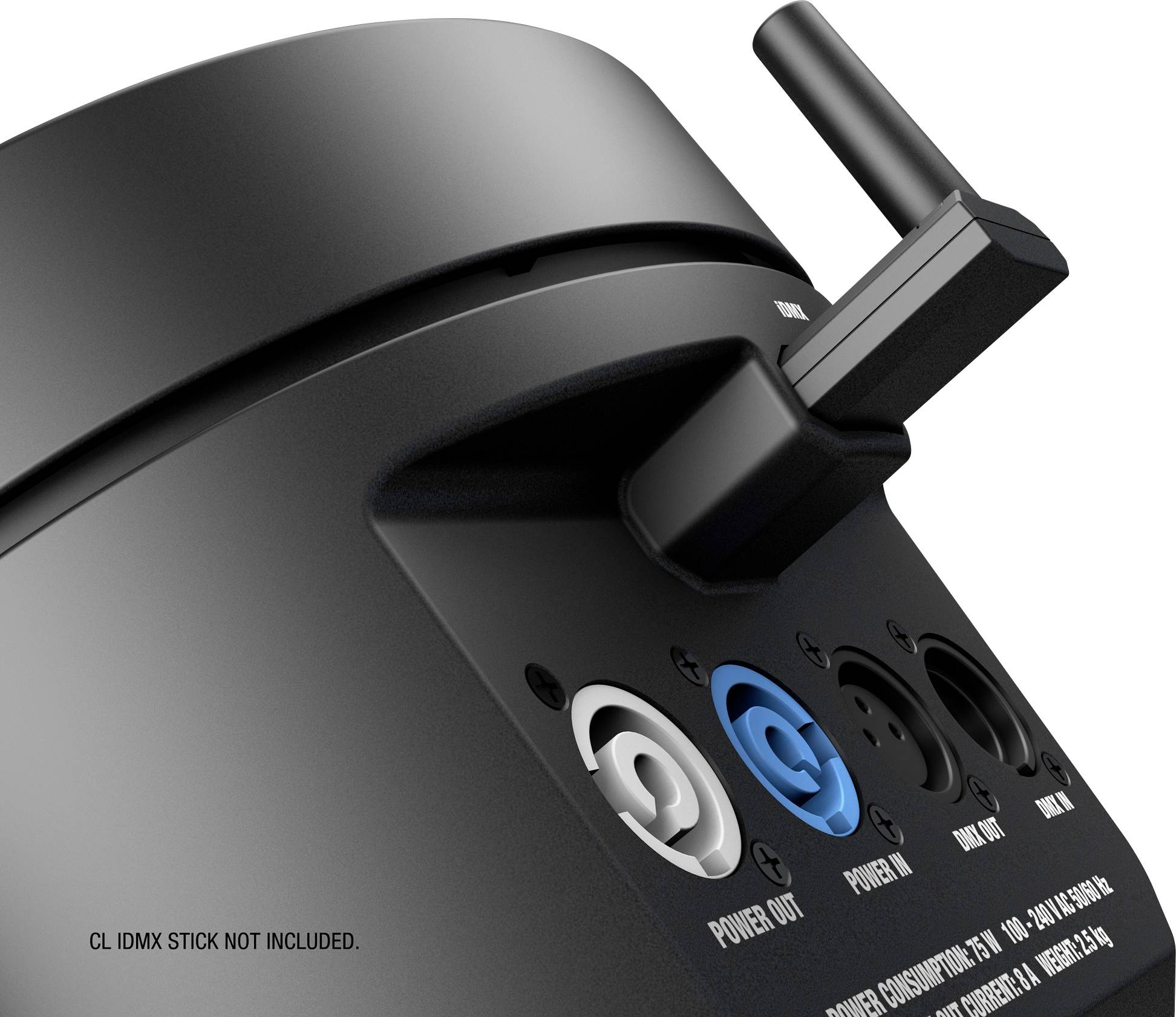 Czarne urządzenie z wieloma gniazdami podłączeniowymi, włącznikiem sieciowym i przystawką antenową. Tekst na urządzeniu: 'NIE DOŁĄCZONO WTYCZKI CL IDMX.'