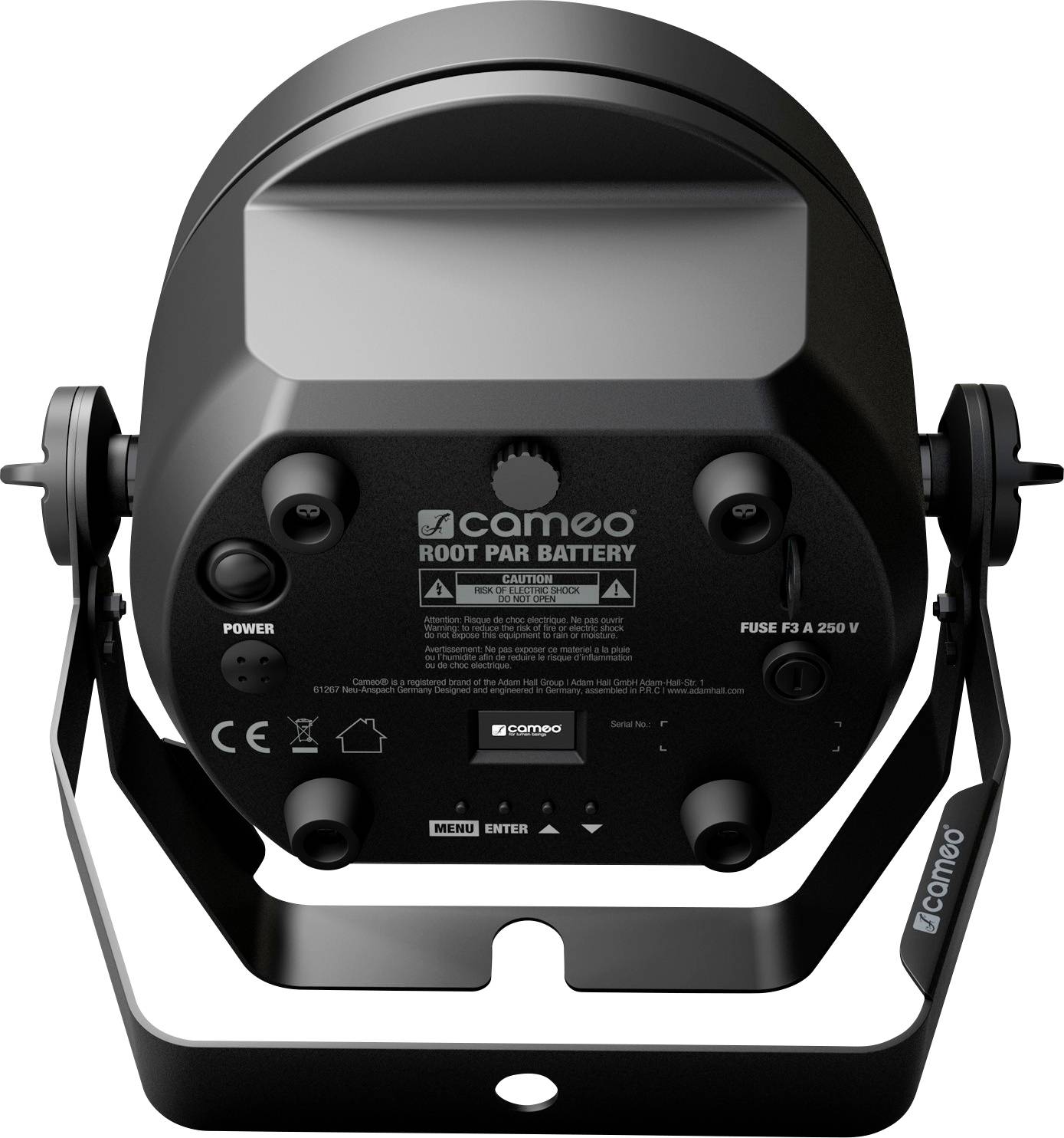 Widok z tyłu reflektora LED Cameo ROOT PAR BATTERY. Widoczne są przyciski sterujące, złącza i naklejki z informacjami technicznymi.