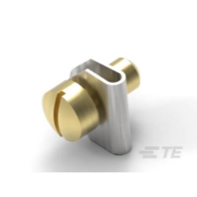 Cylindryczny element metalowy z wkrętem z rowkiem, połączony z kawałkiem metalu w kształcie litery L. Możliwe zastosowanie w aplikacjach mechanicznych.