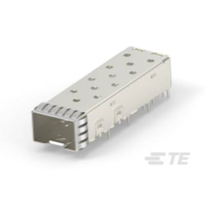 Prostokątna, metalowa wtyczka sieciowa (moduł SFP) z wieloma stykami na dolnej powierzchni do połączenia elektrycznego.
