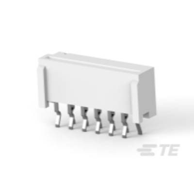 Białe sześciobiegunowe złącze elektryczne z metalowymi stykami, przedstawione na szarym tle.
