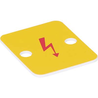 Żółty kwadratowy znak ostrzegawczy z czerwoną błyskawicą i dwoma otworami, wskazujący na zagrożenie elektryczne.