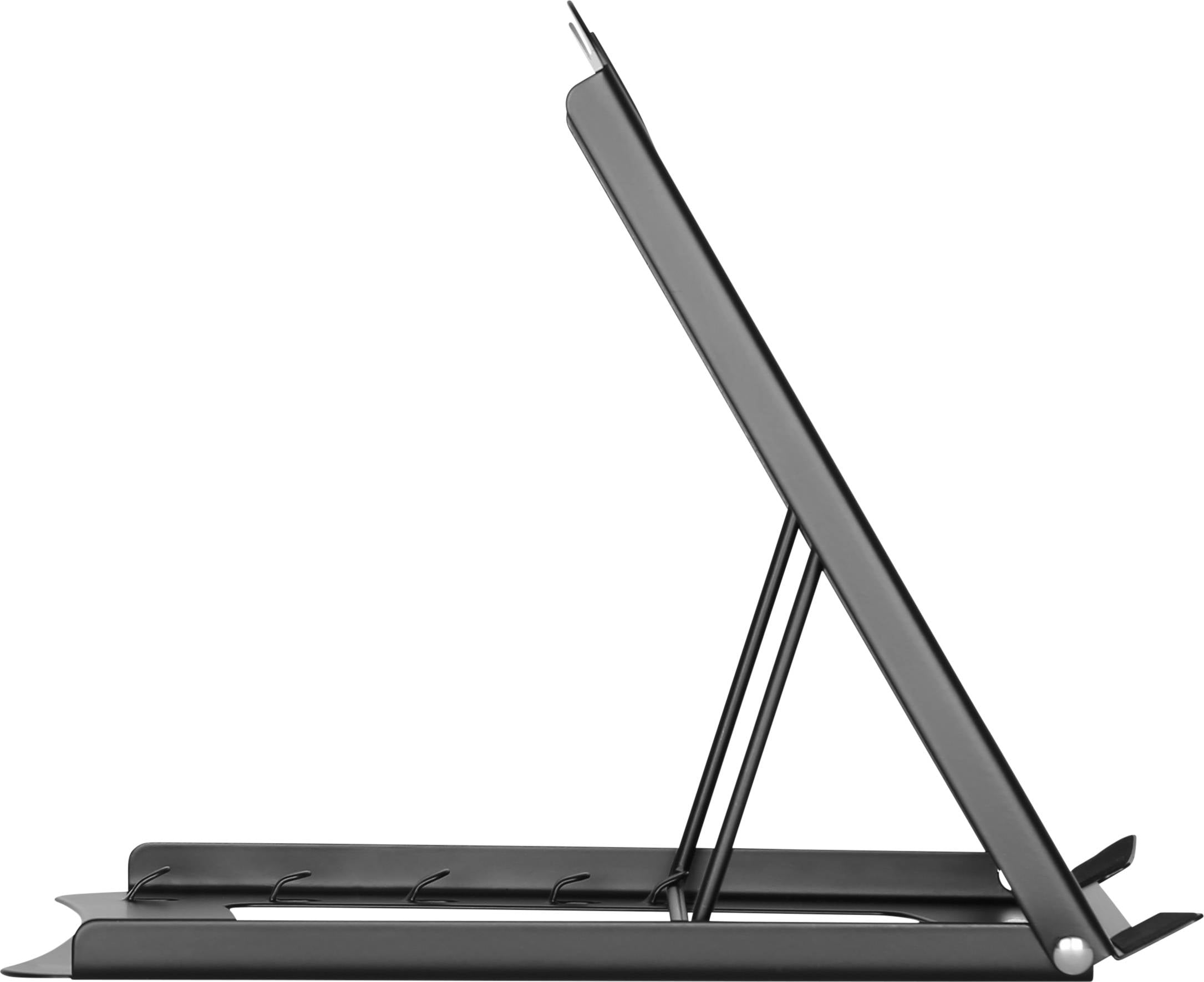 Czarny stojak na laptopa wykonany z metalu, widziany z boku, ustawiony pod kątem.