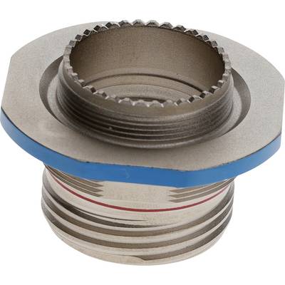Metalowy element mechaniczny z zębatkowymi rowkami i niebieskim pierścieniem. Wygląda na komponent do urządzenia fizycznego lub przemysłowego.
