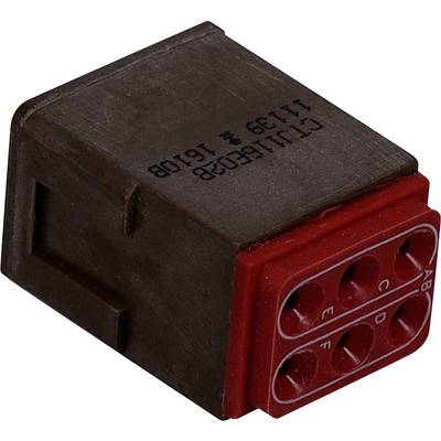 Czarno-czerwony prostokątny złącze elektryczne z sześcioma gniazdami pinów oznaczonymi literami od A do F, stosowany w połączeniach samochodowych lub elektronicznych.
