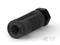 Czarny, cylindryczny tłumik dźwięku z teksturowaną powierzchnią i sześciokątną nakładką zamykającą po prawej stronie.