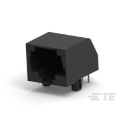 Czarny wtyk modularny RJ45 przygotowany do montażu. Posiada metalowe styki i widoczny otwór na przewód sieciowy.