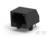 Czarny wtyk modularny RJ45 przygotowany do montażu. Posiada metalowe styki i widoczny otwór na przewód sieciowy.