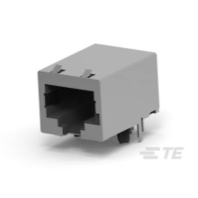 Szary złącze RJ45 z ośmioma pinami, odpowiednie do połączeń Ethernet. Widok boczny elementu z końcówkami lutowniczymi.