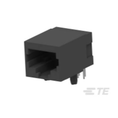 Czarny złącze RJ45 do kabli Ethernet z pinami po prawej stronie, odpowiednie do połączeń sieciowych.