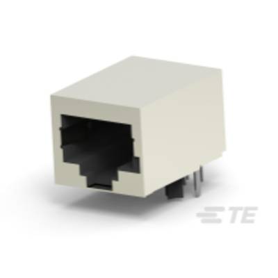 Pojedyncze gniazdo RJ45 do montażu na płytce drukowanej w kolorze beżowym. Odpowiednie do połączeń sieciowych Ethernet.