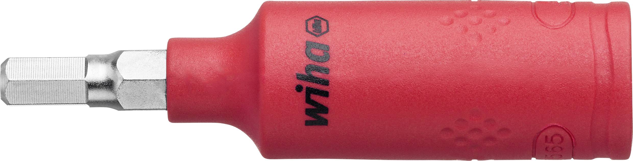 Czerwony uchwyt wkrętaka firmy Wiha z sześciokątnym uchwytem metalowym, przeznaczony do bitów.