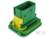 Zielony i żółty złącznik z tworzywa sztucznego, o prostokątnym kształcie, zamontowany na prostokątnej podstawie, prawdopodobnie używany do połączeń elektrycznych.